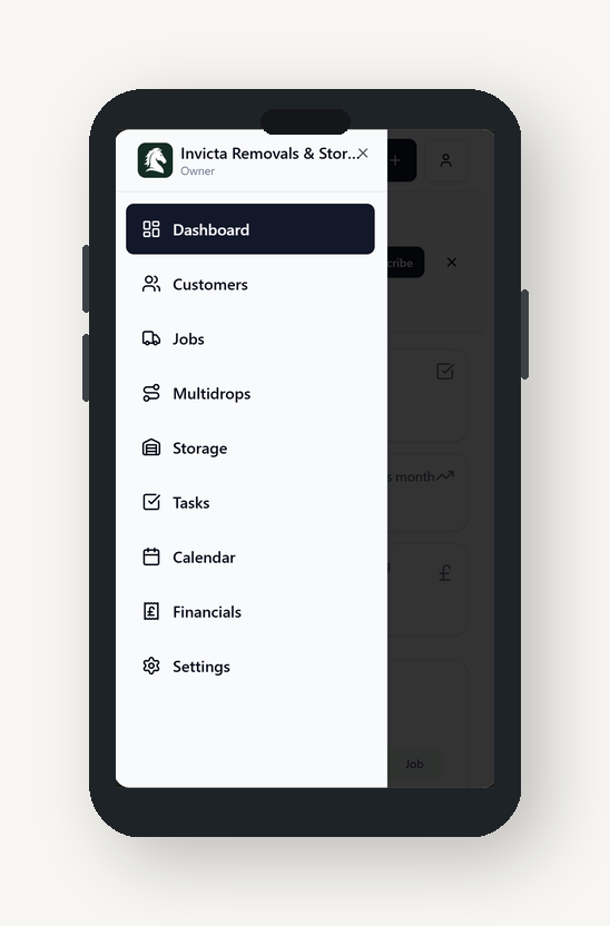 MoverHub mobile navigation menu shown on a smartphone
