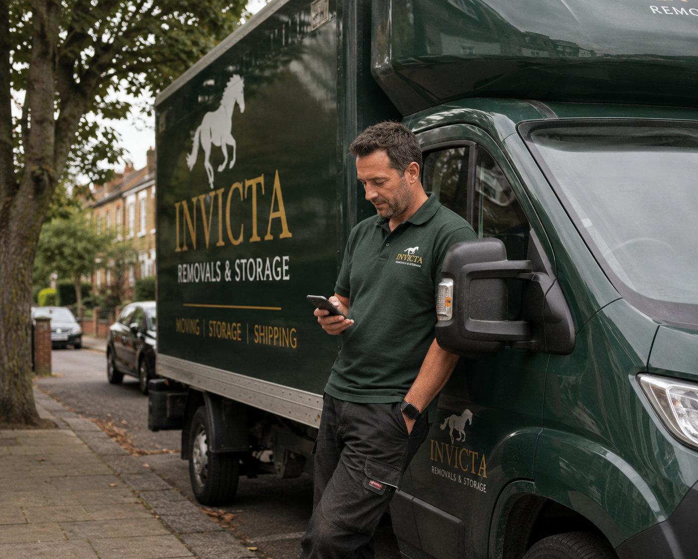 A removals man leaning on his Luton van, checking a job on his phone